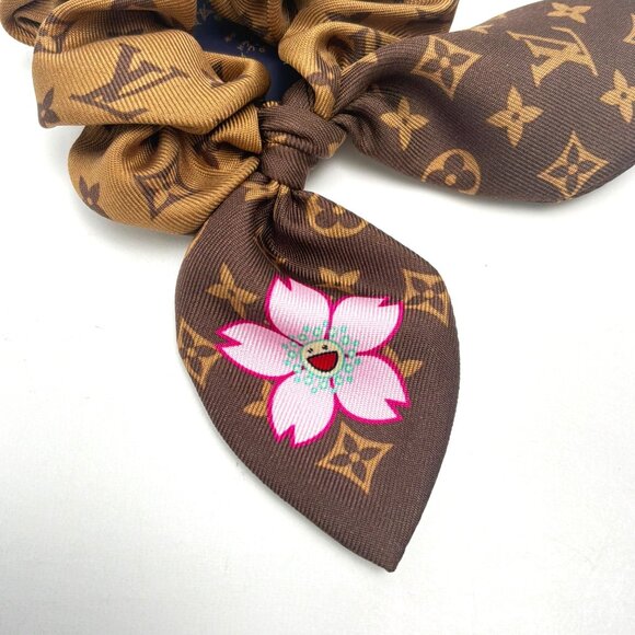 LOUIS VUITTON X Takashi Murakami Brown & Pink Silk Scrunchie Cherry Blossom Hair